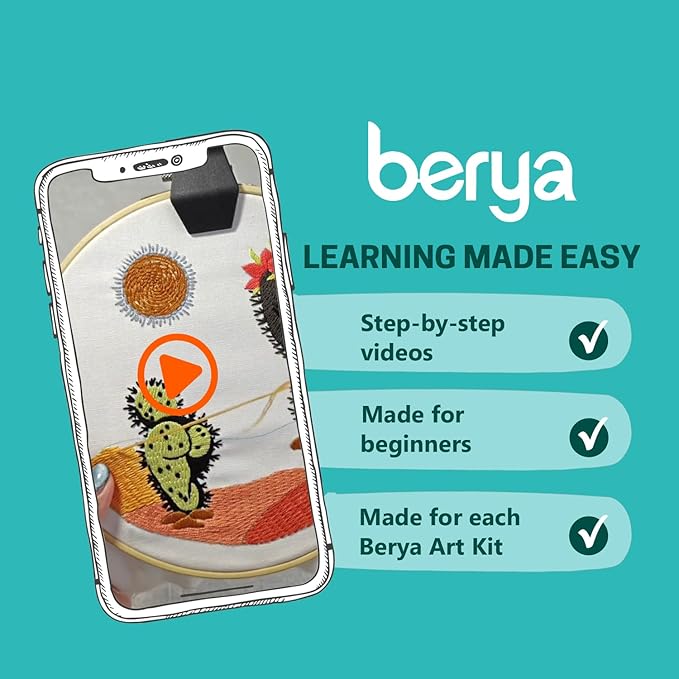 BERYA Funny Cactus Embroidery Kit with Embroidery Hoop, Easy Embroidery Kit for Beginners, Include Instructions, Display Stand, Printed Cloth, Threads and Tools - with Video Tutorials (BEC003)