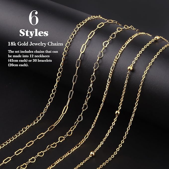 18K Gold Necklace Chain Kit for Jewelry Making, 20 Feet DIY Bracelet Chains with Jump Rings, Lobster Clasps, Connectors, Jewelry Pliers, 30 Colorful Graphic Charms & 36 Letter Pendants