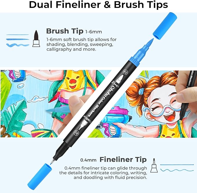 Ohuhu Markers for Adult Coloring Books No bleeding 60 Colors Coloring Markers Water-based Dual Tips Fineliner & Brush Drawing Pens Art Markers for Kids Adults Sketch Journal - Maui - Black