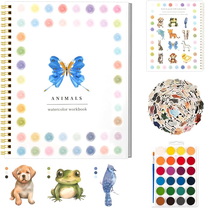 Watercolor Workbooks ，24 Colors Water Books Paint Set，Watercolor Coloring Book for Beginners Art Crafts Painting Kit Nature Scenes Paint Set for Creative Exploration Gift for Adults Teens (Animals)