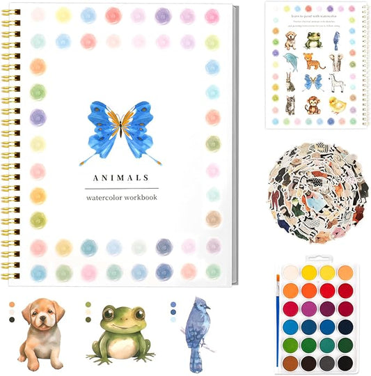 Watercolor Workbooks ，24 Colors Water Books Paint Set，Watercolor Coloring Book for Beginners Art Crafts Painting Kit Nature Scenes Paint Set for Creative Exploration Gift for Adults Teens (Animals)