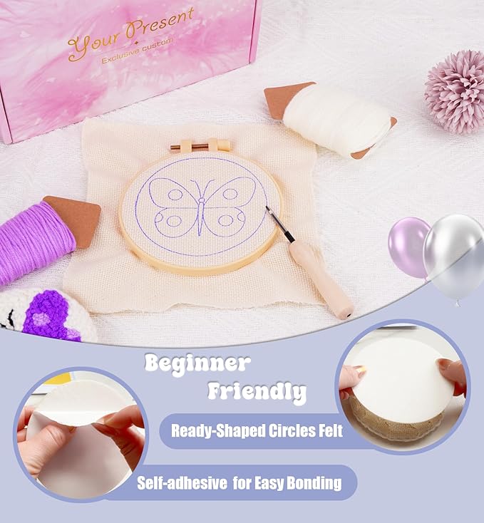 Nuoviyiya Punch Needle Kit for Adults Beginner - Complete Punch Stitching Kits with 6 Patterned Fabrics, Felt, Yarns, Tools and Instructions - Easy Embroidery Coaster Kit for Craft Enthusiasts