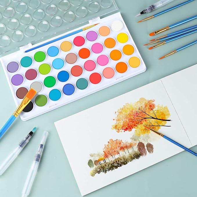 AROIC 65 Pieces Watercolor Paint Set,36 Colors Watercolor,10 Brushes,3 Refillable Water Brush Pens,16 Page Pad(8.5 * 5.5in),Profesional Watercolor Kit for Adults Artists, Beginners