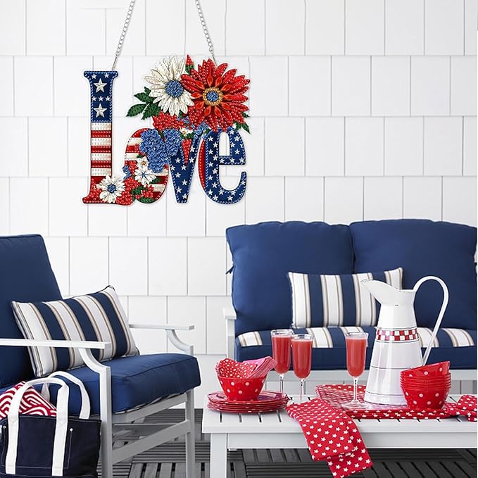 DOMROM 4TH of July Diamond Art Hanging Kit for Adult Beginners, Love and Flower DIY Diamond Art Hanging Kit, Patriotic Special Shaped Rhinestone, Window Pendant for Gift Garden Wall Home Decoration