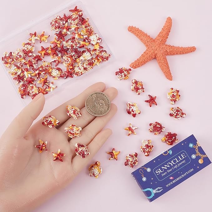 SUNNYCLUE 100PCS 2 Styles Red Turquoise Animal Beads Turtle Starfish Beads Summer Hawaii Ocean Animals Sea Life Lucky Gemstone Loose Spacer Beads for Jewelry Making Beading Kit Bracelets Craft Supply