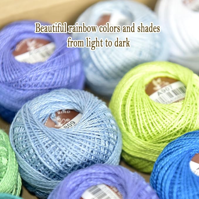 Double Mercerized Egyptian Long Staple Cotton Pearl Thread Ball 10 Grams Rainbow Color Embroidery Thread 12 Colors per Box for Crochet Hardanger Cross Stitch Hand Embroidery,Bluegreen Series