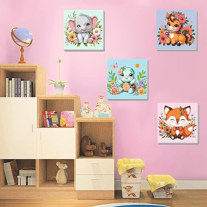 4 Pack Animal Paint by Number for Kids with Wooden Frame, Paint by Numbers for Kids Animals Ages 4-8-12, Easy Elephant Fox Sea Turtle Horse DIY Acrylic Oil Painting Kits for Home Wall Decor (8X8 inch)
