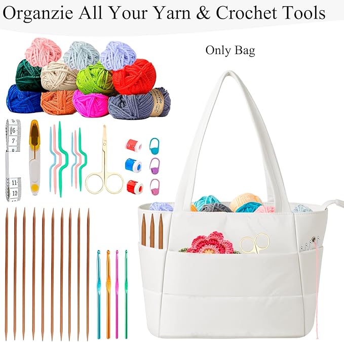 Crochet Bag for Yarn Storage, Puffer Knitting Bag with Soft Handles, Lightweight Yarn Storage Organizer with Zipper for Crochet Accessories, Gifts for Crocheters (Beige)