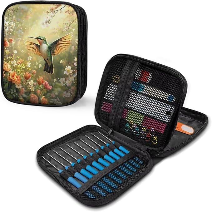 Hechitok Hummingbird Flower Crochet Hook Case, Zipper Storage Organizer Bag with Web Pockets for Crochet Needles/Knitting Accessories/Crochet Hook Kit Tools Easy to Hold
