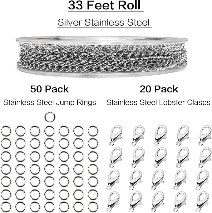jishi 33ft necklace extender chain 3mm silver stainless steel curb link chain for jewelry making, bracelet necklace extender diy, keychain craft supplies, metal chain roll w/lobster clasps, jump rings