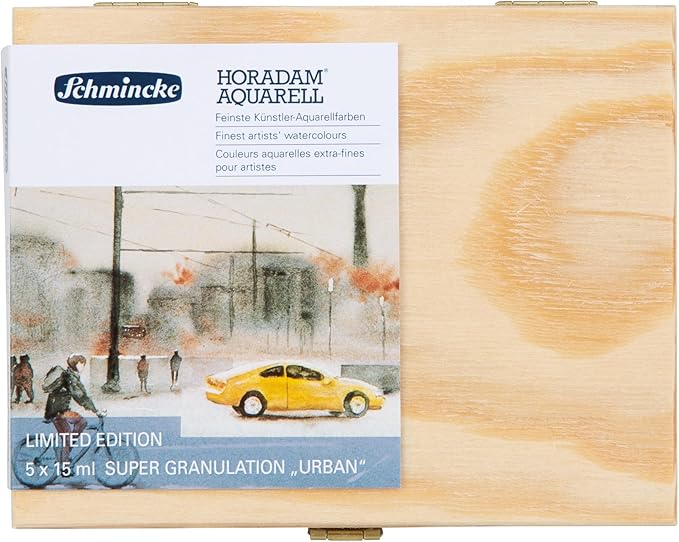 Schmincke - HORADAM® AQUARELL, Super Granulation Set Urban, 5 x 15 ml tubes, 74 893 097, wooden box, very strong granulating shades, finest, super granulating watercolors