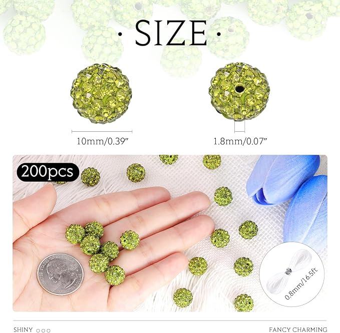 200 pcs olivine rhinestone beads for jewelry making, sparkle crystal clay christmas for bracelet baseball necklace earring crafting and diy, shiny round shamballa disco ball beads bulk