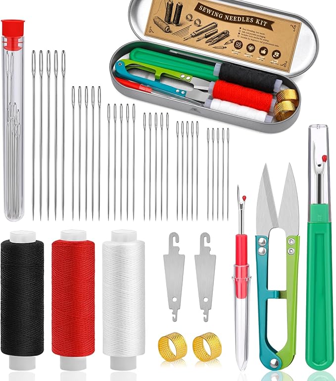 42 PCS Big Eye Steel Sewing Needles Kit, 6 Size Steel Needles for Hand Sewing, Needle and Thread Sewing Kit with Seam Ripper, Threader, Storage Box Supplies for Repairing Quilting Embroidery Crafts