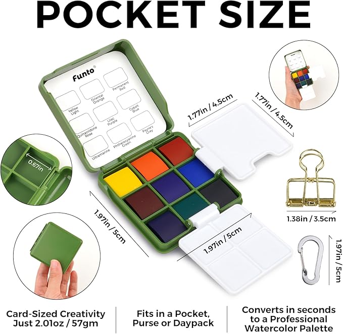 Funto Mini Watercolor Travel Set, Christmas Green Gift Travel Artist Outdoor Sketch Kits with 2 Foldable Palettes, Portable Leather Case and Metal Clip, Kit for Art Lovers