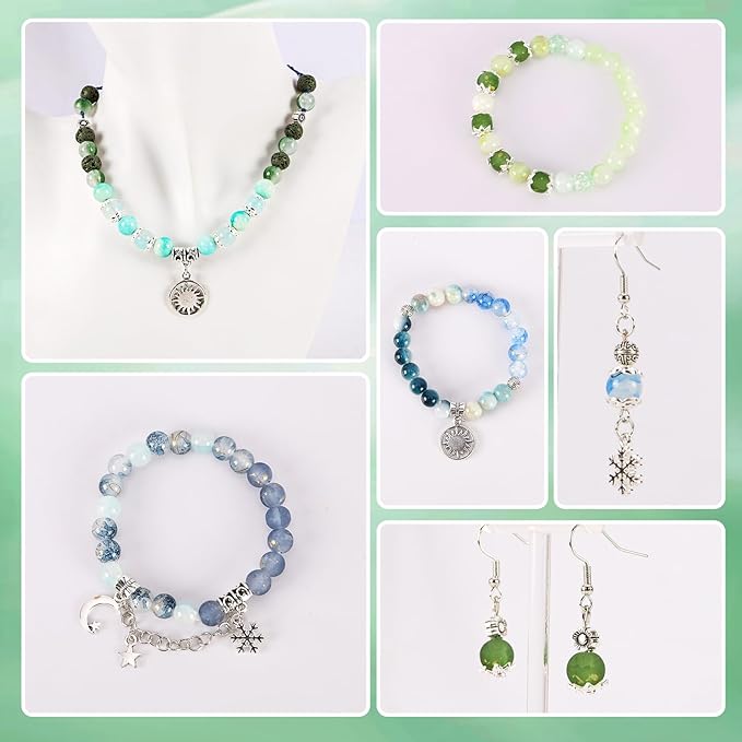 Tunmiok Glass Beads for Jewelry Making Kit with Metal Charms & Crystal String - Includes Spacers, Flower Holders - Bracelet kit, Necklace, Earring Set Supplies for Adults (Green)
