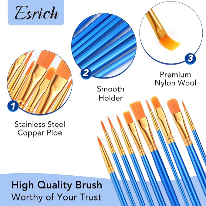 ESRICH Acrylic Paint Brush Set, 24Pack/240Pcs Paint Brushes, Nylon Brush Head for Oil Paint Brush Supplies, Kid Adult Watercolor Painting Arts and Craft Paint Brush Kit (Blue)