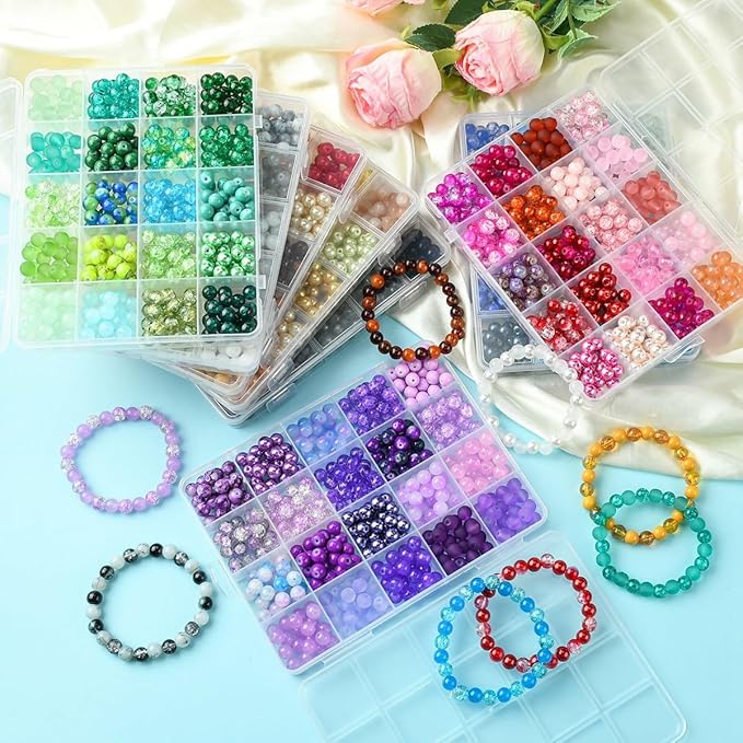 Echoed Elegance 8 Color Gradient Glass Beads Kit - 400pcs 8mm Round Beads for DIY Jewelry Making, Bracelets, Necklaces - Mixed Blending Color Craft Beads with Storage Box (Green)