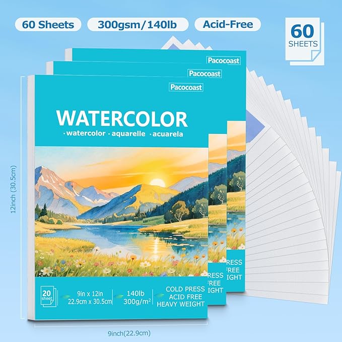Pacocoast 9"X12" Watercolor Paper - Pack of 3 (60 Sheets), Bulk School Supplies for Arts & Crafts Water Color Pads for Finger Paint, Artist Sketch Coloring Painting Drawing Book Paper, Teal