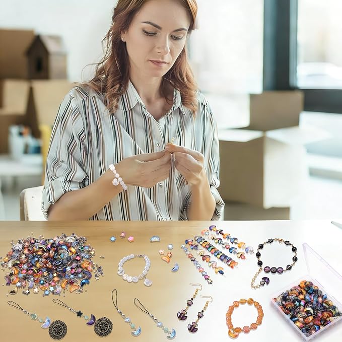 620pcs Mixed Star Moon Glass Beads for Jewelry Making, Shaped Star Moon Spacer Beads with Glass Seed Beads for DIY Supplies Bracelets Necklaces Earrings
