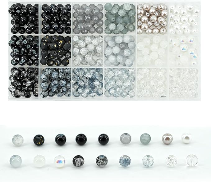 Hanyoung 8mm Glass Beads for Bracelet Punk Style, Black and White 48 Colors 1450 pcs Beads for Jewelry Making kit, Crystal Glass Round Beads for DIY Crafts Gifts (Black & White Color)