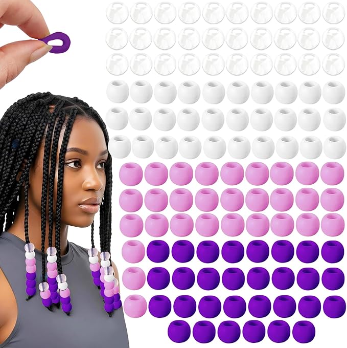 120Pcs 14mm Large Silicone Beads for Hair Braids, Soft Jellyish Hair Beads with 7mm Hole + 50 Rubber Bands and 1 Beader for Braiding, DIY Bracelets Necklaces Crafts(Purple)
