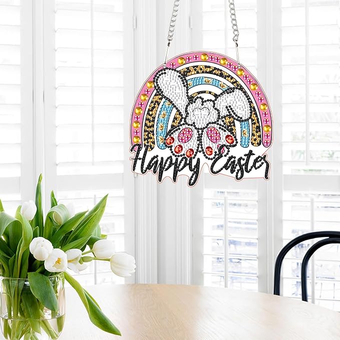AiYuanzsh DIY Happy Easter Bunny Diamond Art Hanging Ornament, Special-Shaped Crystal Diamond Painting Pendant for Home and Office Decoration