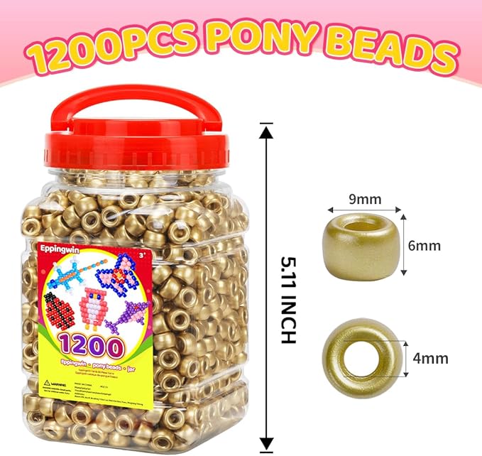 eppingwin 1200pcs pony beads for bracelets,6x9mm kandi beads for hair braids, easy storage pony bead for jewelry making (golden)