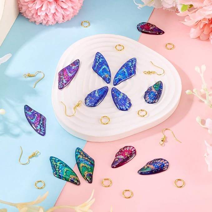 FASHEWELRY 12Pcs Resin Fairy Wing Earring Charms Purple Turquoise Blue Butterfly Wing Pendants Insect Print Feather Charms with Jump Rings Earrings Hooks for DIY Earring Jewelry Making