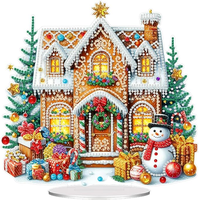LAKEQUILL Christmas Diamond Painting Kits, Tabletop Ornament, Stand Up Diamond Art Desktop Kits Cookie House for Home Office Decor, New Year Gift