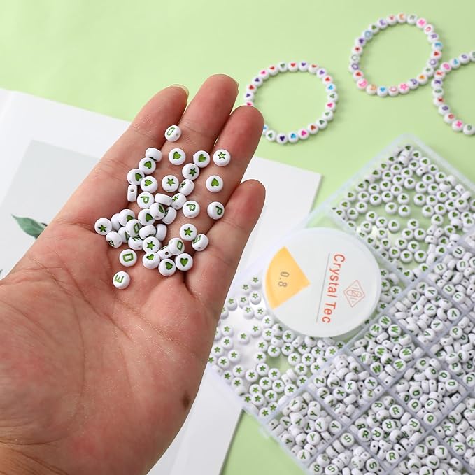 nikkiGuo 1250pcs 4x7mm White Round Acrylic Alphabet Beads A-Z Heart Beads with Numbers Crystal Line for Jewelry Bracelet, Necklace and Key Chains (Green White Color)