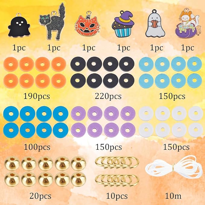 SUNNYCLUE 1 Box 996Pcs DIY 6 Set Halloween Bracelets Making Kit Polymer Clay Beads 8mm Clay Bead Pumpkin Cat Charms Heishi Beads for Jewelry Making Kits Beginners Women DIY Halloween Bracelets Gift