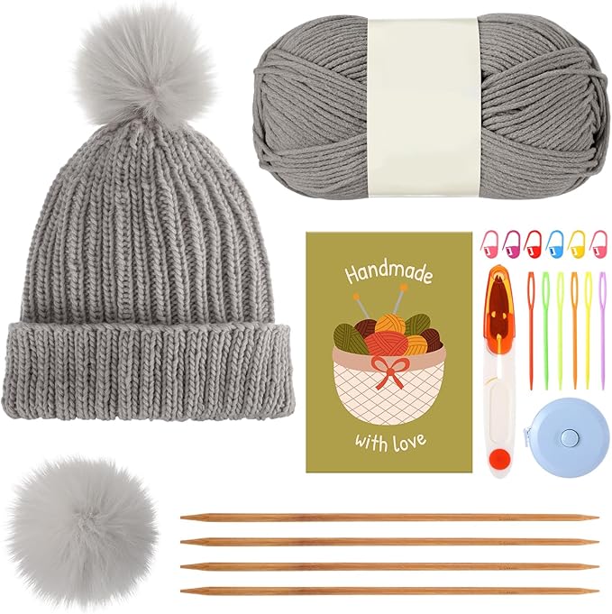 GliCraft Knitting Kits for Beginners Adults Hat Knit Kit with Yarn, Knitting Needles, Faux Pom, Scissors, Measuring Tape Practical and Easy to Use Complete Beginners for Women Men Present(Warm Grey)