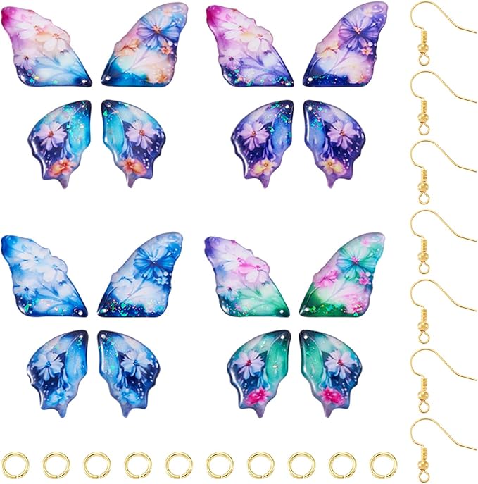 FASHEWELRY 16Pcs Resin Butterfly Wing Charms for Jewelry Making, Glitter Flower Print Colorful Insects Wing Pendant Earrings Making Kit Earring Hook Jump Rings