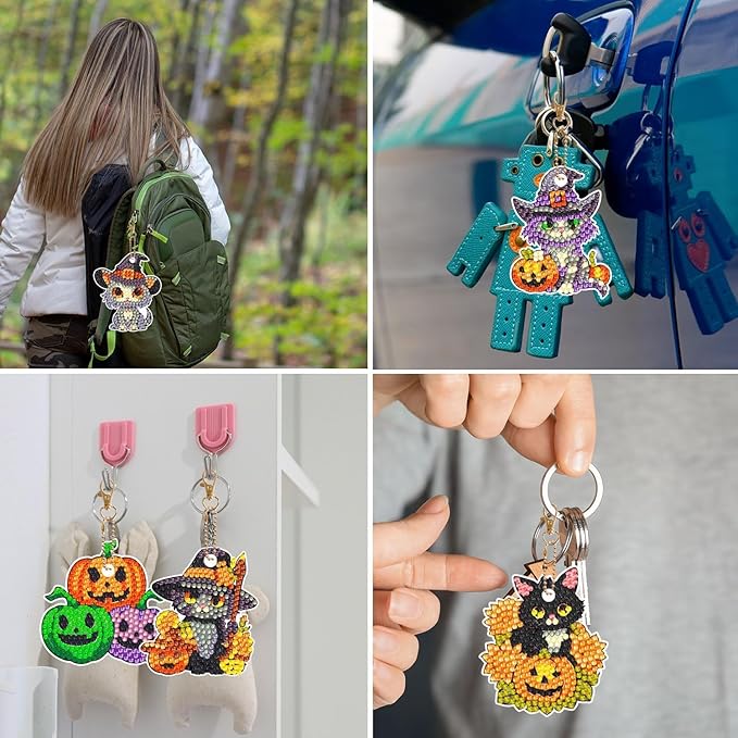 12 Pcs Halloween Cat Diamond Keychains Kit Double Sided DIY Cute Halloween Cat Diamond Keychains for Beginners Adults Art Craft Supplies Holiday Gift