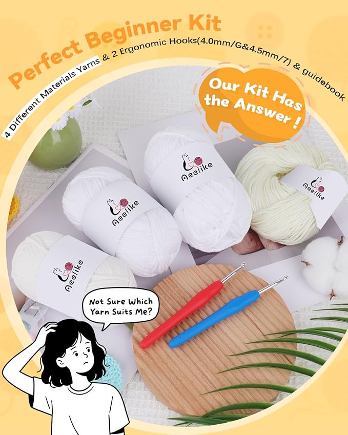 Aeelike Beginner Crochet Yarn Kit w 4 Different Materials White Yarns (Polyester, Cotton, Acrylic, Milk Cotton,) & 2 Ergonomic Hooks (G&7), Ideal Starter Crochet Set for Beginners