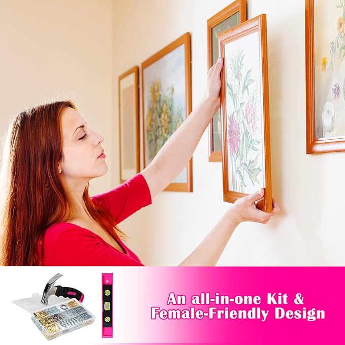 Picture Hanging Kit, 315pcs Hanging Hardware with Hooks, Wire, Nails, D Ring, Wall Hanging Kit with Hangers, Magnetic Level and Small Pink Claw Hammer, nails for hanging pictures for Home Decor