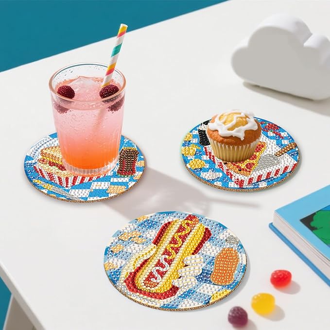 8 Pcs Delicious Food Diamond Art Coaster Kits with Holder,Diamond Painting Coasters for Adults Beginners,Party Home Decor Abstract,Fun Gifts for Women