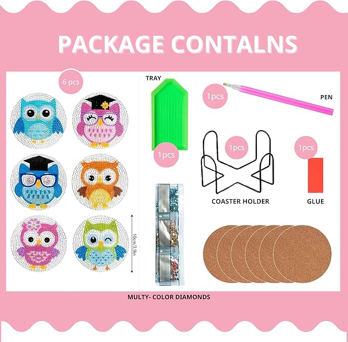 6 Pcs Owls Shaped Diamond Painting Kits, Diamond Painting Kits with Holder Owls, Diamond Art Coasters for Beginners Adults - Perfect Art Craft Supplies Gift!… (Owls 2)
