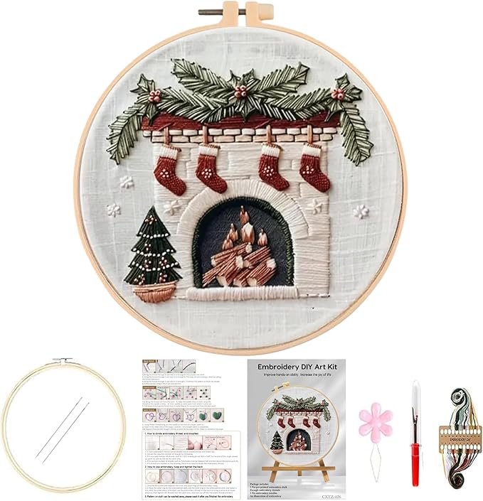 Huacan Embroidery Kits for Adults Beginner DIY Cross Stitch Stamped Christmas Pattern Stitching Fireplace Sewing Kit 1 Piece 7.8 x 7.8 Inch