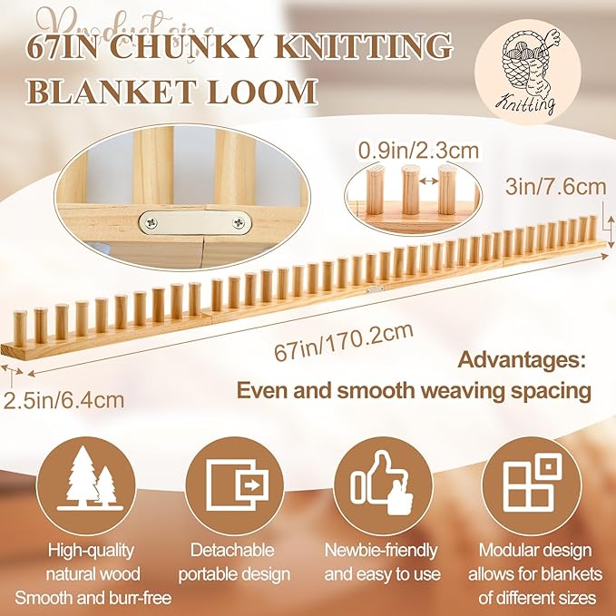 Novabright 67'' Chunky Knitting Loom Extra Large Knitting Loom for Blanket Making Adjustable Size Chunky Knit Foldable Portable Hand Weaving Kit for Beginner Yarn Craft Home Decor