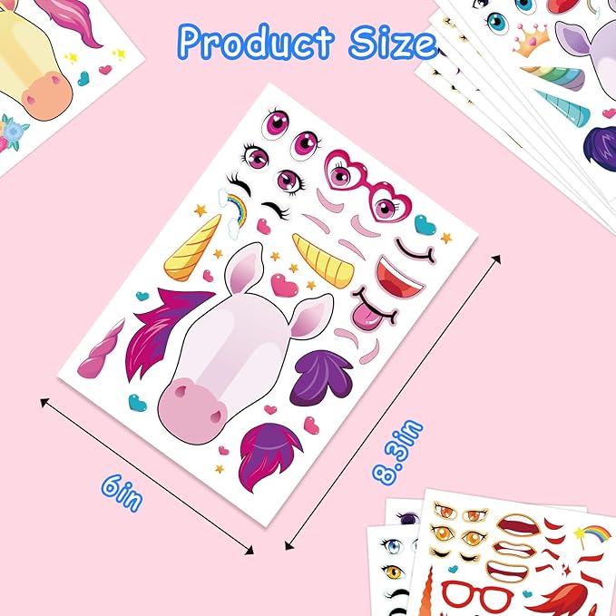 aowplc 42 sheets unicorn make‑a‑face stickers, fantasy party favors, crafts & activities, birthday supplies for kids & girls