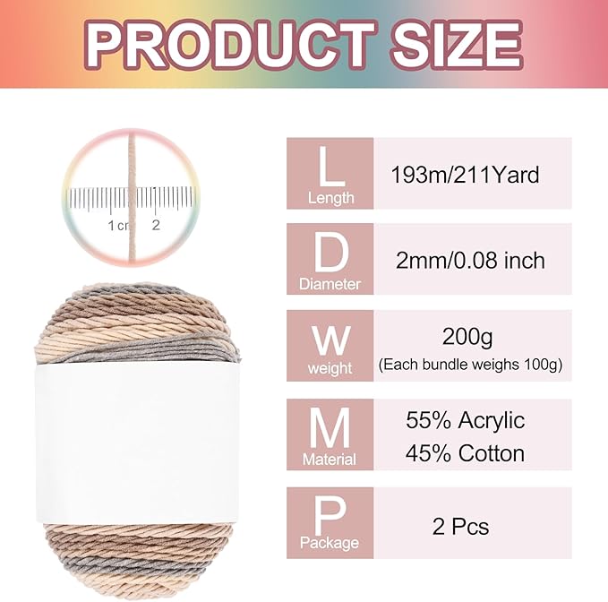 MECCANIXITY Cotton Acrylic Yarn for Crocheting, 422 Yard 5 Ply Soft Gradient Yarn Acrylic 45% Cotton 55% Used for DIY Knitting Blankets Scarves(2 Packx100g,Gray,Brown,Beige)