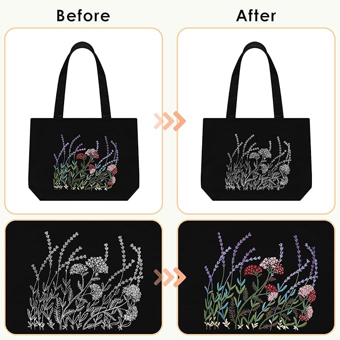 ERKOON Canvas Tote Bag Embroidery Kit for Beginners, Floral Arts Crafts Cross Stitch Kits for Adults Including Stamped Embroidery Bag with Hoops, Needle, Instruction and Color Threads (Lavender)