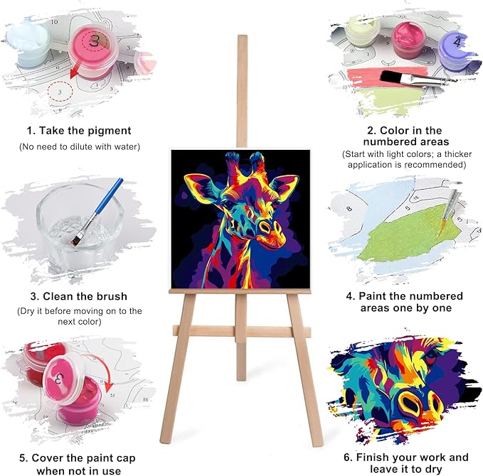 Lxmsja 4 Pack Pop Neon Animal Paint by Numbers Kit for Adults, Easy Framed Paint by Numbers for Adults Beginner, DIY Acrylic Oil Painting Craft Kits for Home Wall Decor 8x8 inch