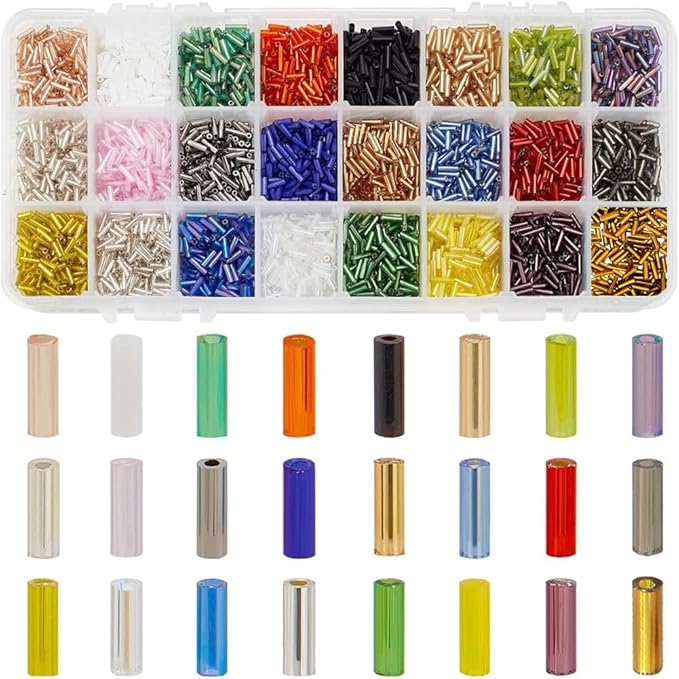 PH PandaHall 8400 Pcs 24 Colors Beading Glass Bugle Seed Beads Silver Lined Tube Spacer Bead Length 6mm for Earring Bracelet Necklace Eyeglass Chain Jewelry DIY Craft Making