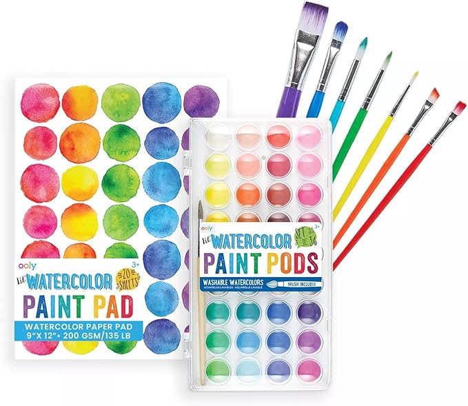 Ooly Lil' Watercolor Complete Bundle: 36 Color Pods, Set of 7 Easy Dry Extra Paint Brushes and Paint Pad with 20 Sheets of 200 GSM Paper, Complete Watercolor Set for Kids & Children