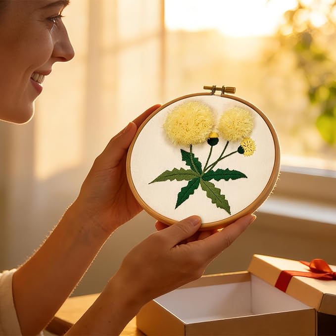 Dandelion Flower Embroidery Kits for Beginners Adults, Hand Embroidery Starter Kits, Cross Stitch Kits for Beginners DIY Craft Kits for Adults Women, Entire Set of Embroidery Supplies & Video Tutorial