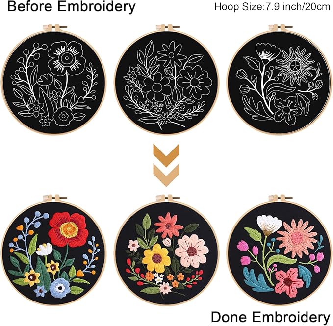 louise maelys 3 sets flowers embroidery kits for beginners,cross stitch kit for adults,crewel starters needlepoint with floral pattern,hoop,threads and instruction