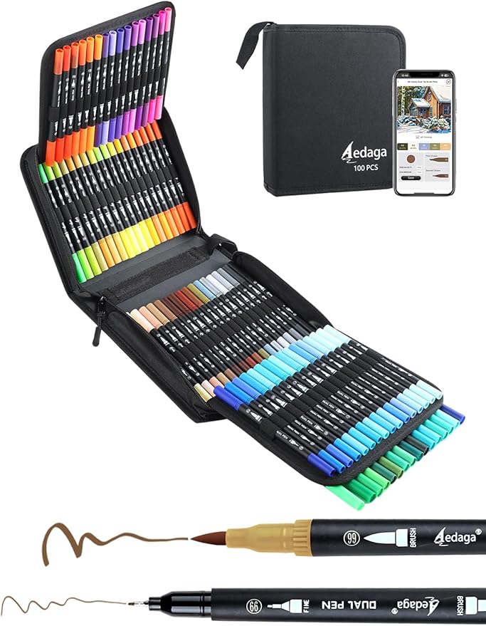 100 Colors Dual Brush Markers, Fine and Brush Tips Numbered Pens with App for Adults, Coloring Book Bullet Journaling Note Taking Planner Hand Lettering Calligraphy Drawing Art Supplies Kit