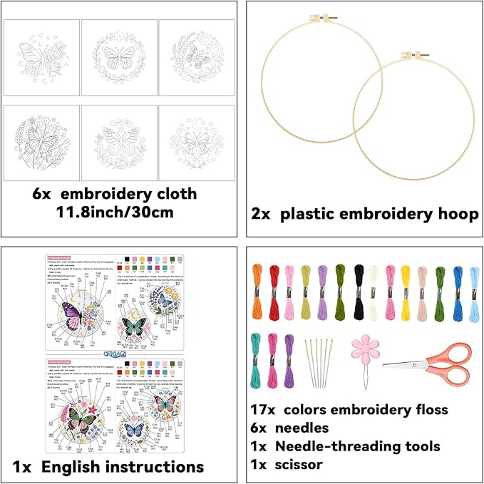 ORIGACH 6 Pack Butterfly & Flower Wreath Embroidery Kits for Beginners, DIY Starter Hand Embroidery Kit with Floral and Butterfly Patterns and Instructions for Adults Women Crafting